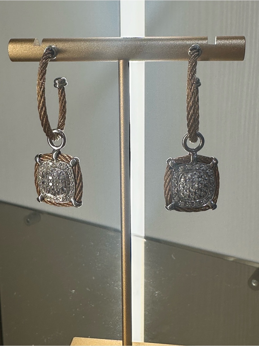 Two-Tone Yellow Gold and Silver Cable Drop Earrings with Pave Accents & Diamonds - Picture 9 of 9